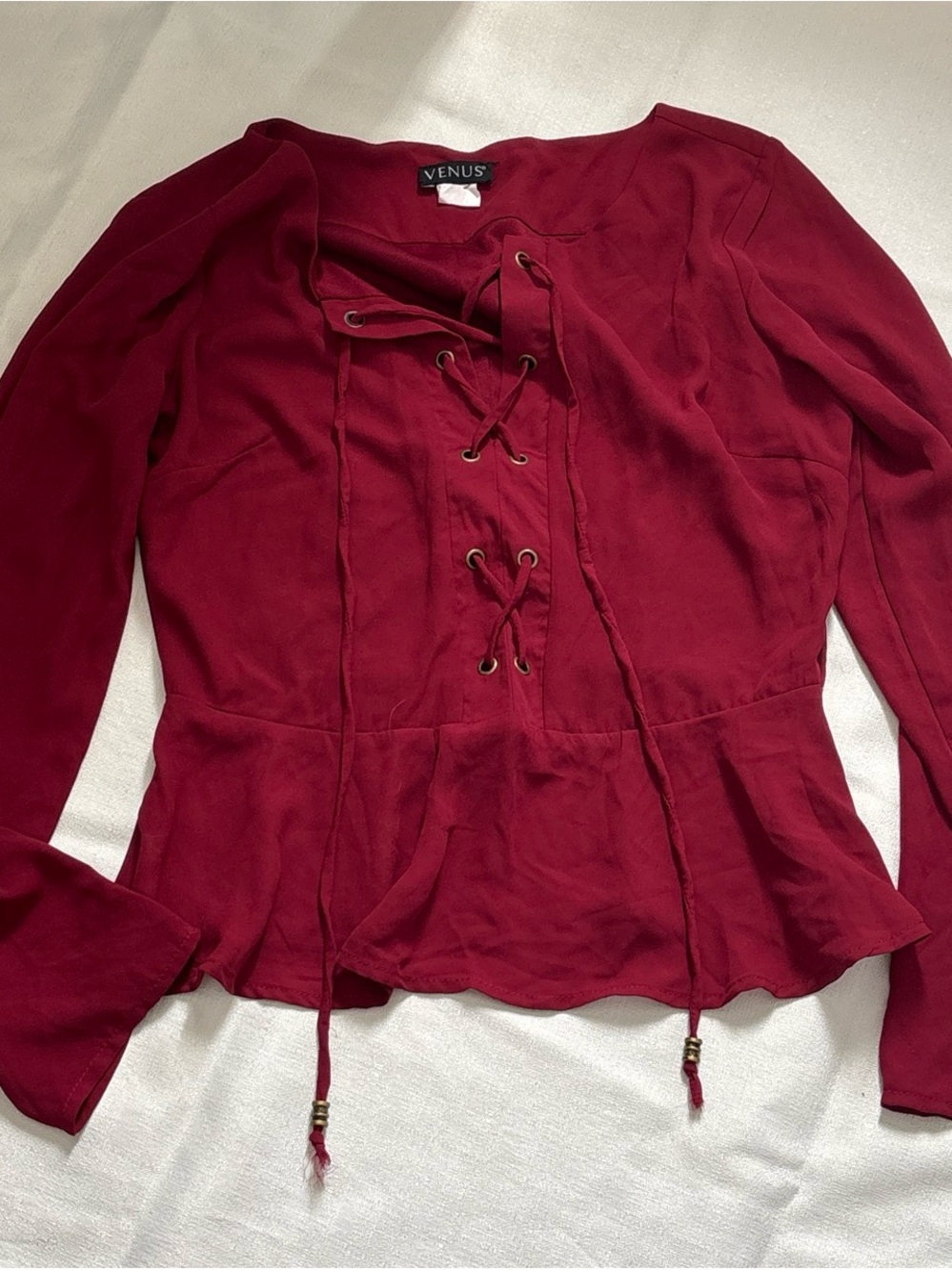 VENUS Women's Lace-Up Long Sleeve Peplum Top in Wine Red